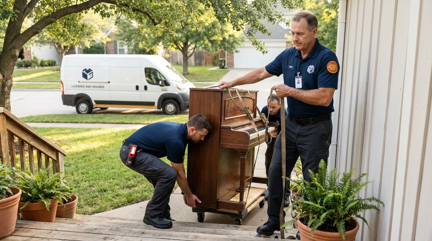 Licensed piano movers securing grand piano in Madison, SD