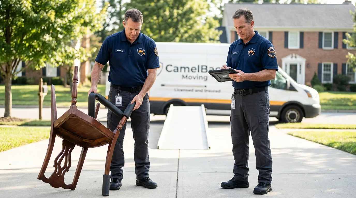 Movers inspecting furniture for damage prevention before loading in Madison, SD