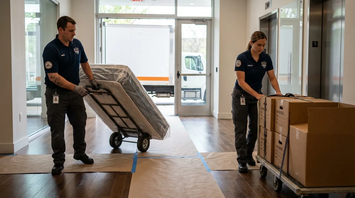 Professional apartment movers loading elevator in Madison, SD