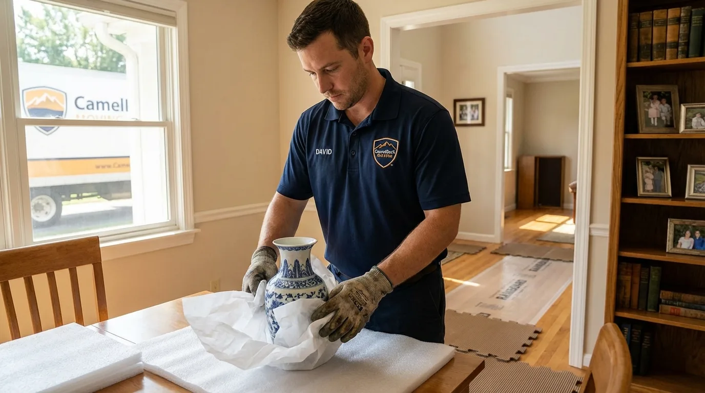 Professional crew carefully wrapping antique vase for senior downsizing move in Madison, SD